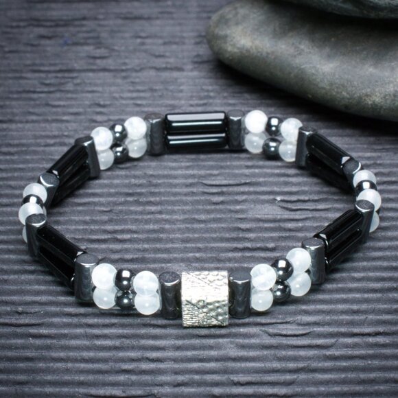 Black Onyx and Selenite Double Power Bracelet - Picture 1 of 2